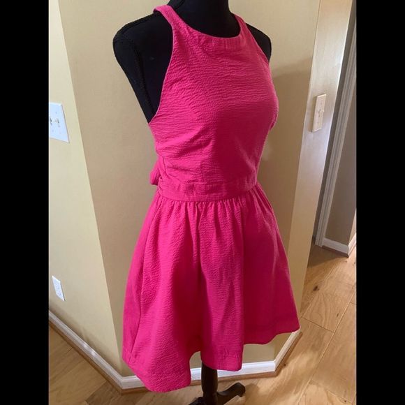 Lauren James raspberry coloured halter flared dress. Sash with bow tie. - Picture 3 of 14